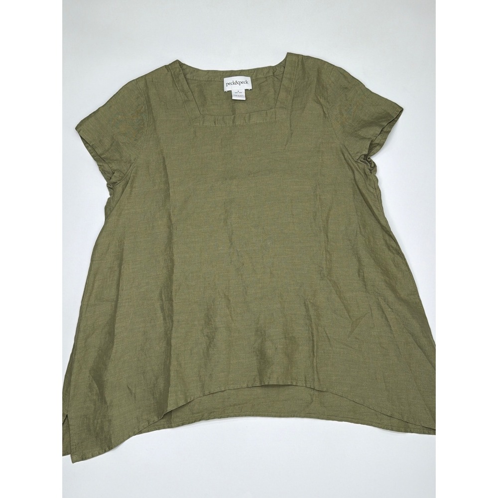 Peck Peck 100% Linen Square‎ Neck Short Sleeve Tunic Top Olive Green Size S